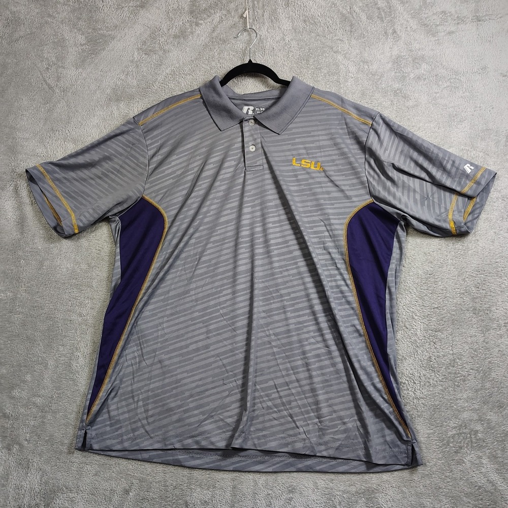 LSU Russell Athletic Polo Mens Gray Purple Wings Performance Dri-Fit XL